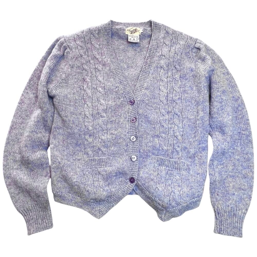 Vintage 80s 90s Segue Shetland Wool Cardigan Lavender Cable Knit Cropped - M